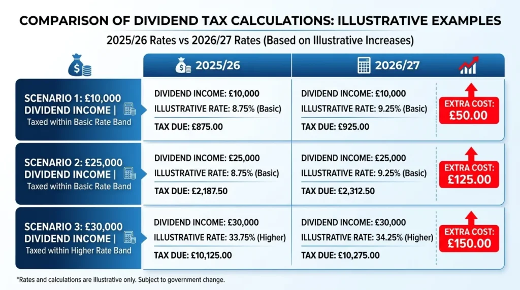 Comparison showing the extra annual dividend tax paid in 2026/27 versus 2025/26 at different income levels, illustrating the impact of the 2 percentage point rate rise.