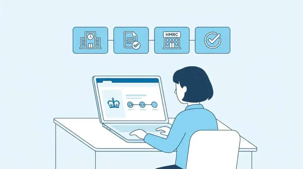 Illustration showing the HMRC employer registration process and timeline for UK small businesses