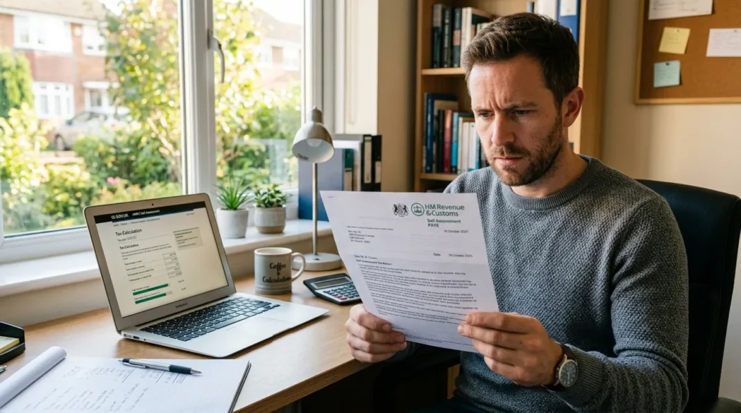 Self-employed person reading an HMRC late self assessment penalty notice at a home office desk
