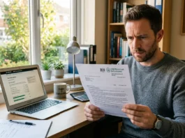 Self-employed person reading an HMRC late self assessment penalty notice at a home office desk