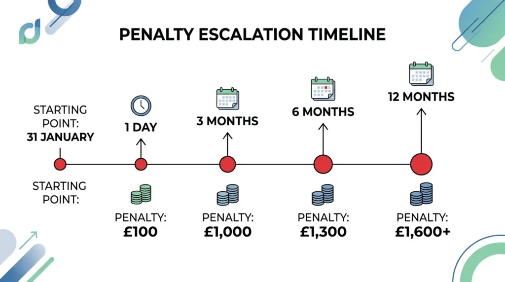 Timeline infographic showing HMRC late self assessment penalty amounts increasing from day one to twelve months