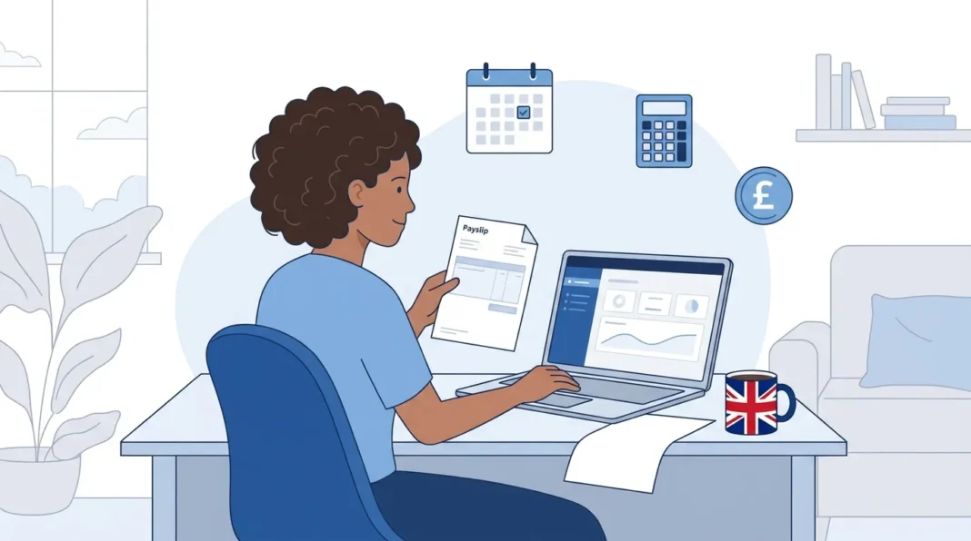 Small business owner reviewing payroll and payslips on a laptop, illustrating how to run payroll for a UK small business