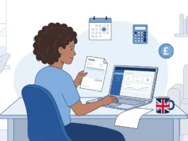 Small business owner reviewing payroll and payslips on a laptop, illustrating how to run payroll for a UK small business