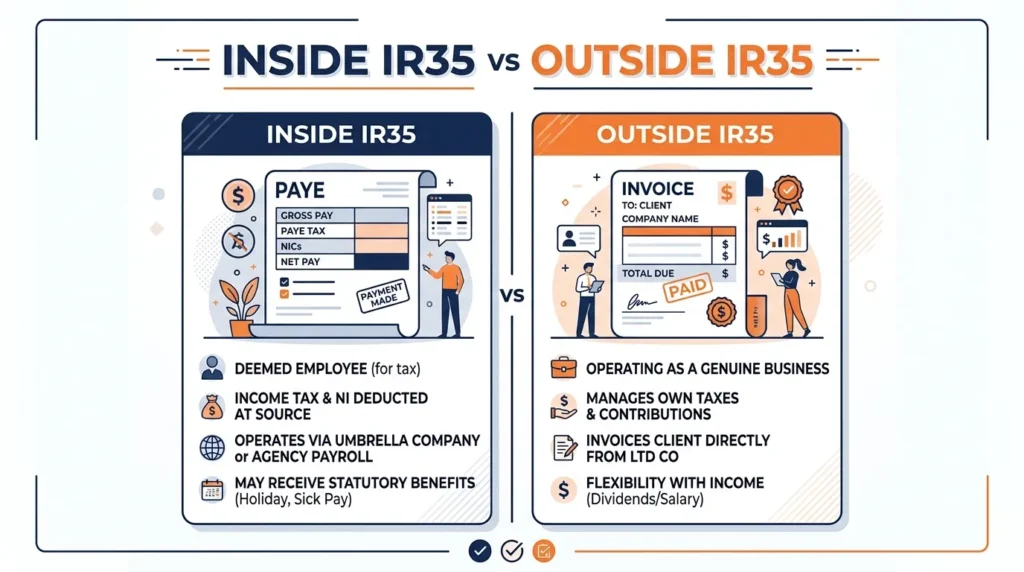 Comparison graphic showing inside IR35 versus outside IR35 tax treatment in the UK.