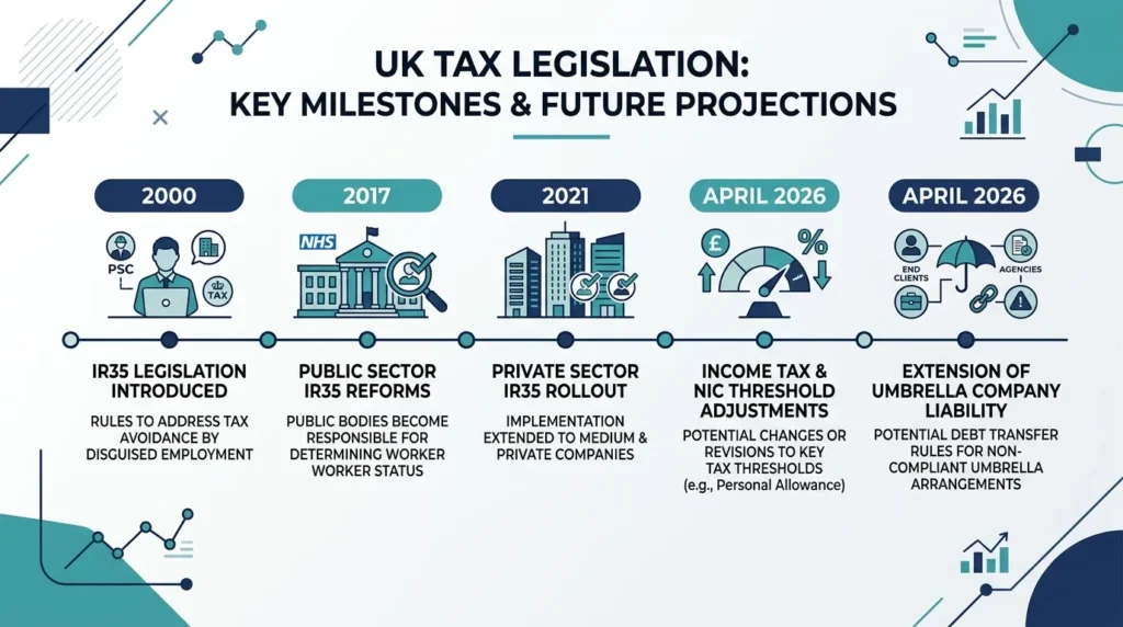 Timeline showing IR35 legislative changes in the UK from 2000 to April 2026.
