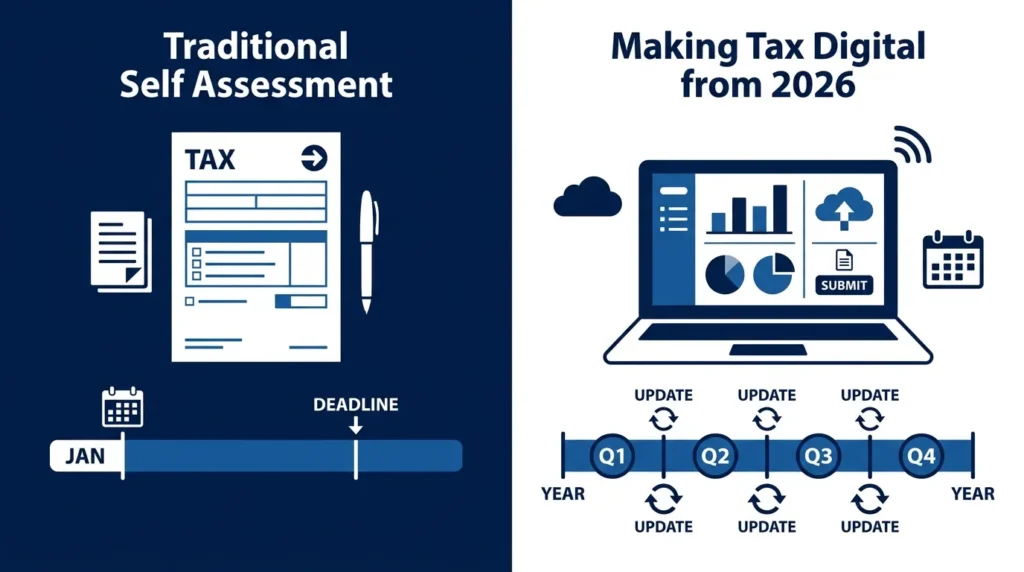 Making Tax Digital MTD for Income Tax versus traditional annual self assessment — split illustration showing quarterly MTD updates replacing single annual SA return from April 2026