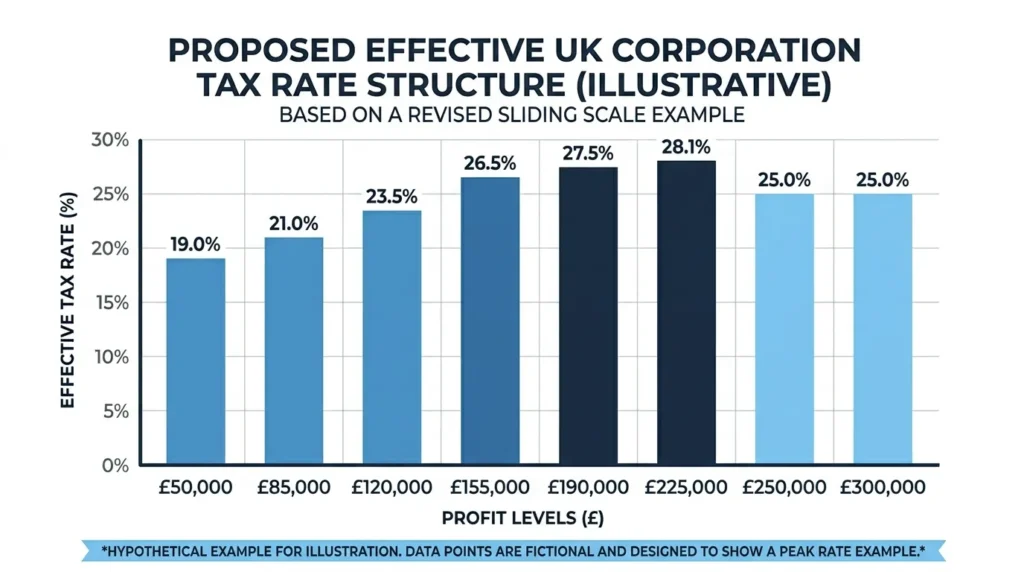Bar chart showing UK corporation tax effective rates by profit level in 2025/26, highlighting 26.5% marginal rate in the middle band