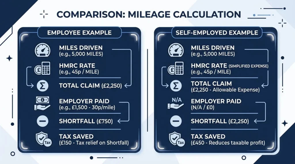 Infographic showing worked mileage allowance calculations for employees and self-employed workers in the 2025/26 tax year