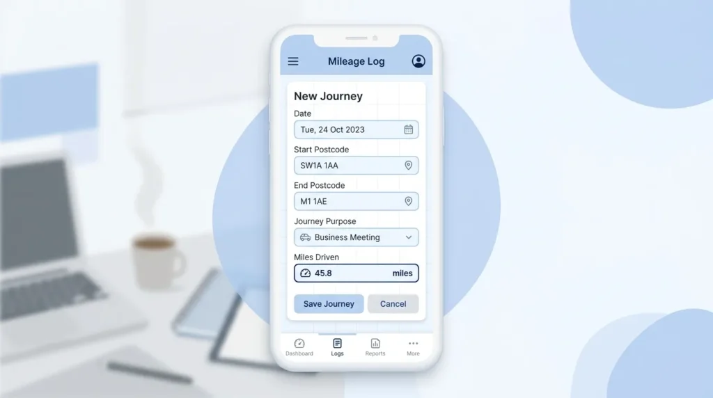 Smartphone showing a digital mileage logbook with HMRC-required fields for 2025/26 business travel records