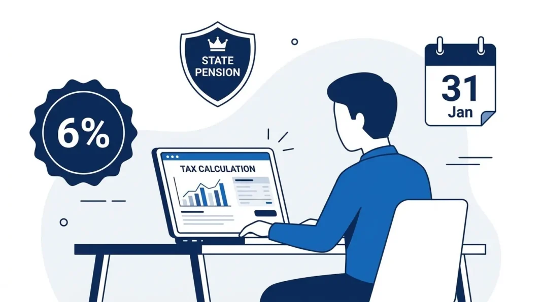Illustration representing self-employed National Insurance UK 2026 with tax calculator, 6% rate badge and key deadline icons