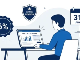 National Insurance for Self-Employed UK 2026: Rates, Classes and What You Actually Owe Illustration representing self-employed National Insurance UK 2026 with tax calculator, 6% rate badge and key deadline icons