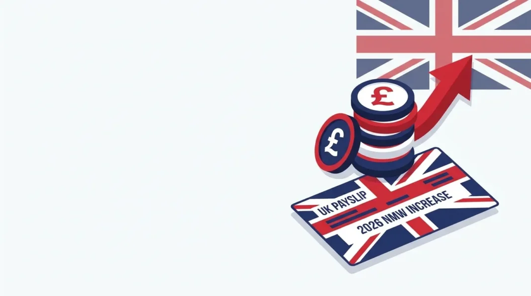 Illustration representing the UK National Minimum Wage increase in 2026, featuring a pound coin stack and upward arrow