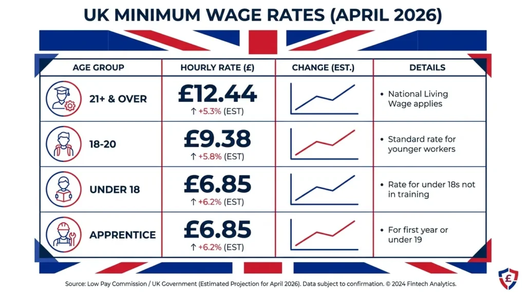 Table showing UK minimum wage rates by age group for April 2026: £12.71 for 21+, £10.85 for 18-20, £8.00 for under 18 and apprentices