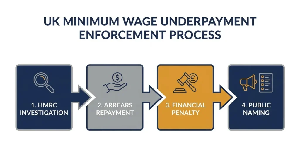 Flowchart showing the UK National Minimum Wage enforcement process: investigation, arrears repayment, financial penalty, and public naming