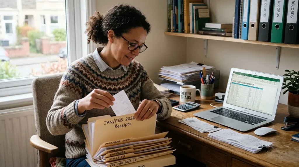 Small business owner organising receipts for UK business expense records
