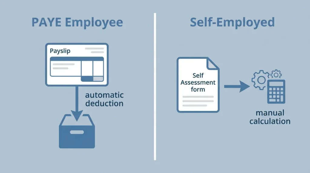 Illustration comparing NI payment methods for PAYE employees vs self-employed people in the UK 2026