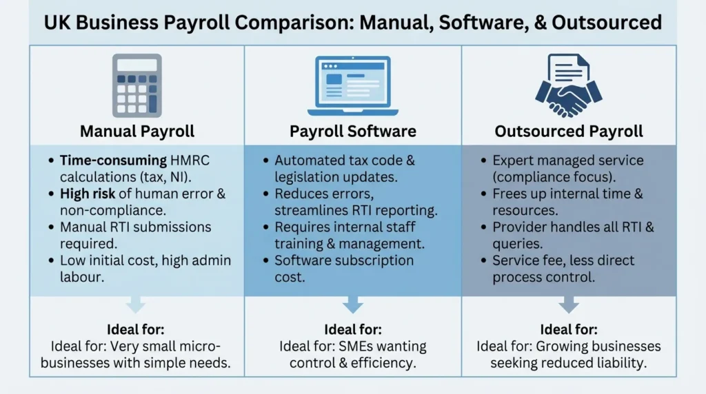 Comparison chart of manual payroll, payroll software, and outsourced payroll options for UK small businesses