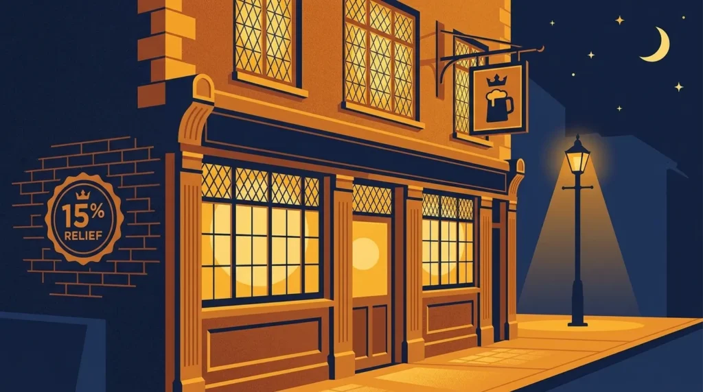 British pub exterior qualifying for 15 percent business rates relief pubs and live music venues 2026 to 2027