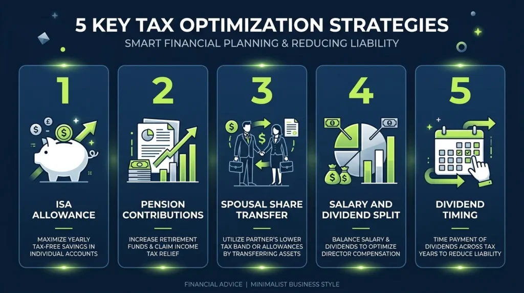 Infographic listing five ways to reduce dividend tax in the UK in 2026/27: ISA, pension, spousal shares, salary split, and timing.