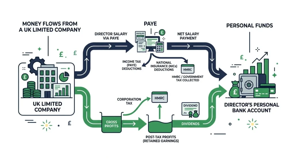 Diagram showing salary flowing via PAYE and dividends from post-tax profits to a UK director’s personal account