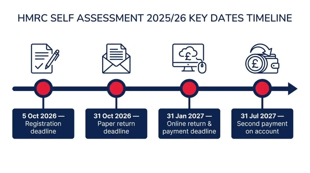 Self assessment tax return 2025/26 HMRC deadline timeline: 5 October 2026 registration, 31 October 2026 paper deadline, 31 January 2027 online deadline, 31 July 2027 second payment on account