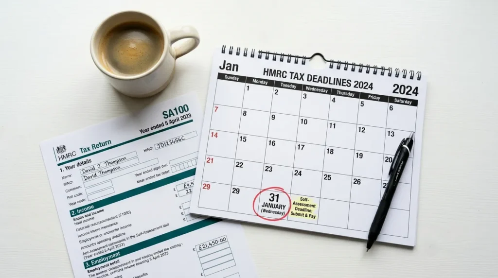 UK Self Assessment deadline calendar showing 31 January circled in red with a pen and printed tax return form