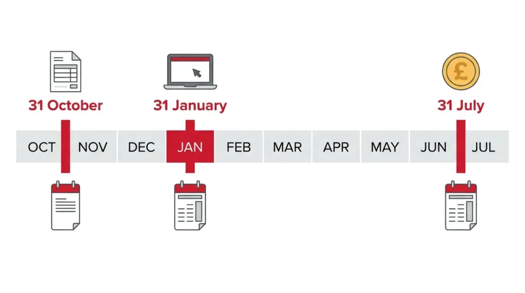 UK Self Assessment deadline calendar showing 31 October paper return deadline, 31 January online filing and payment deadline, and 31 July second payment on account deadline