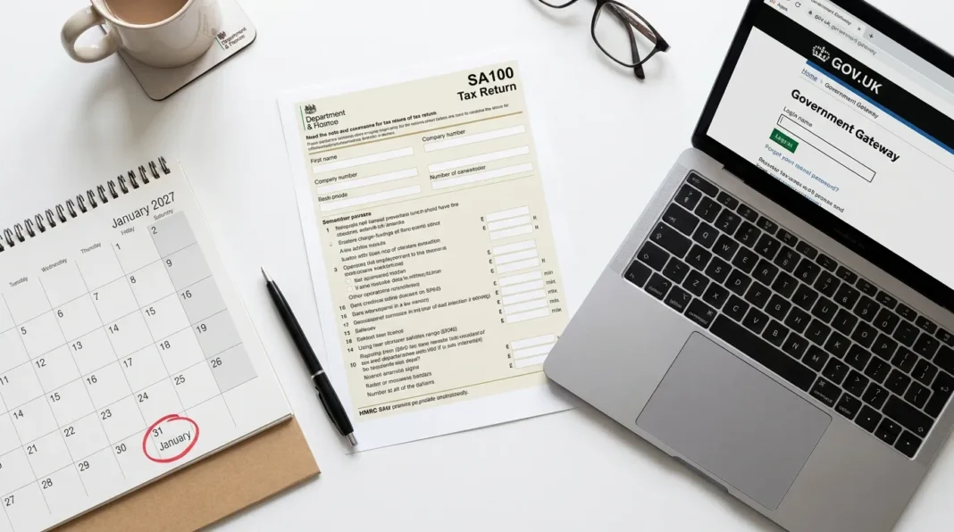 HMRC self assessment tax return 2025/26 — SA100 form, Government Gateway laptop and January 2027 deadline calendar on a desk