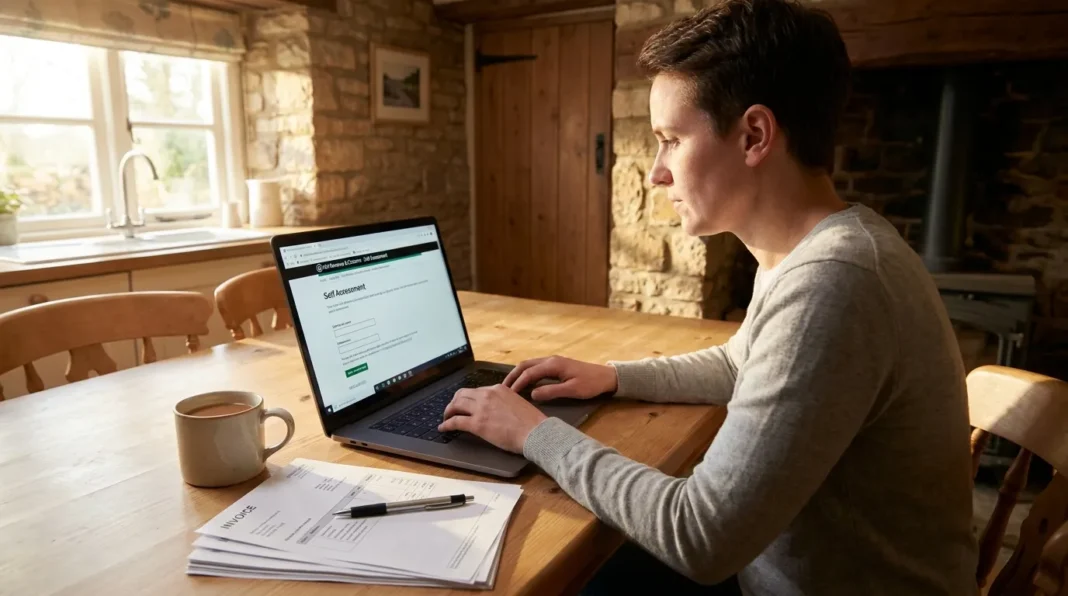 Person completing a Self Assessment tax return online on a laptop in a UK home office with receipts and tea nearby