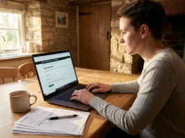 How to Do a Self Assessment Tax Return in the UK (Step-by-Step Guide for 2025–26) Person completing a Self Assessment tax return online on a laptop in a UK home office with receipts and tea nearby