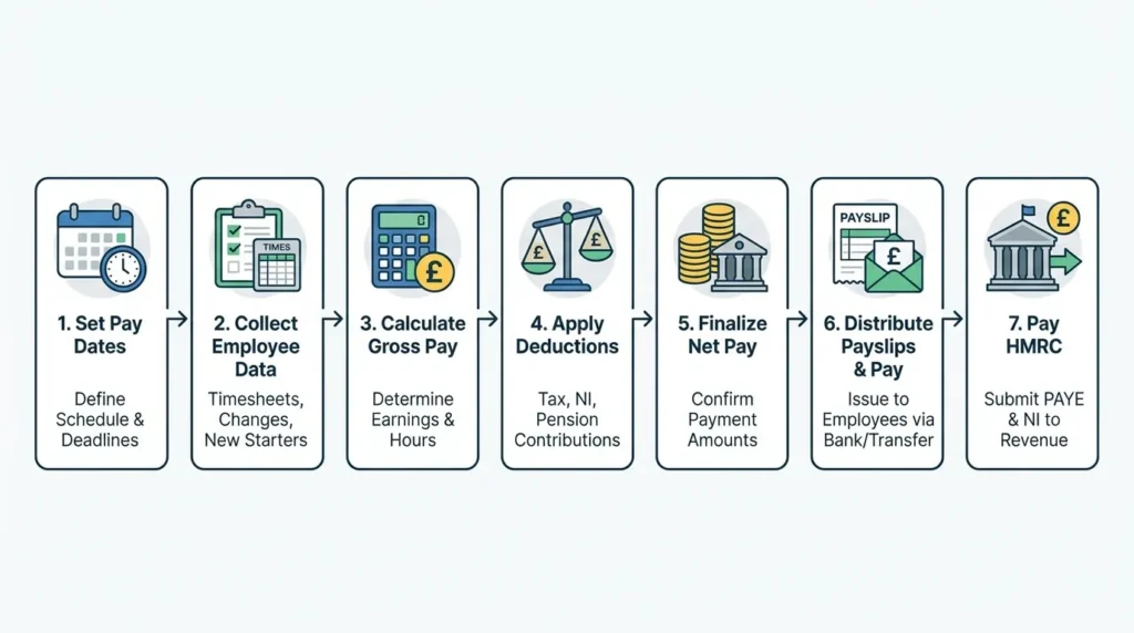 Step by step diagram showing how UK small businesses run payroll from pay date to HMRC payment