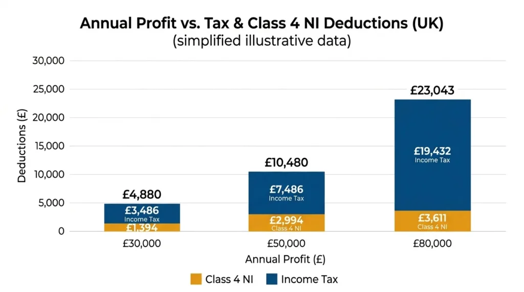 Stacked bar chart comparing sole trader income tax and Class 4 NI bills at £30k, £50k and £80k profit for 2025/26