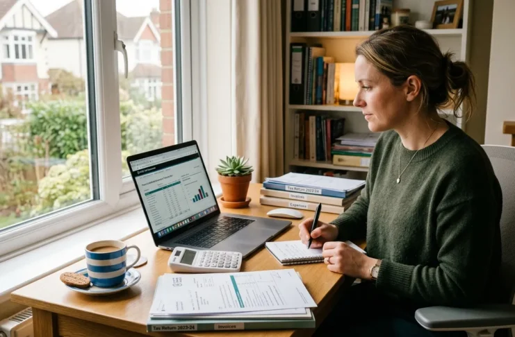 UK sole trader reviewing 2025/26 income tax and National Insurance calculations at a home office desk