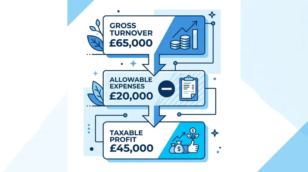 Infographic showing how sole trader gross turnover is reduced by expenses to produce taxable profit for 2025/26