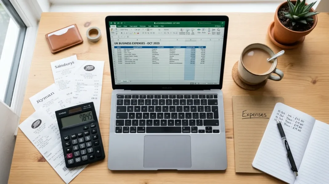 Desk flat-lay showing receipts, calculator and laptop used to track UK business expenses