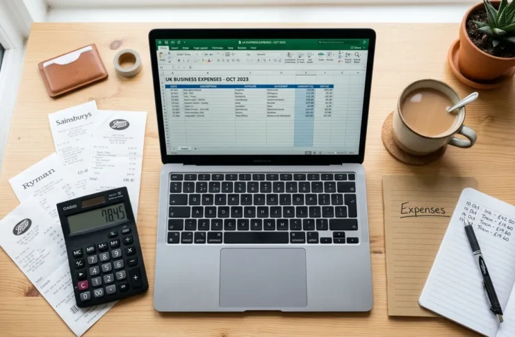 Desk flat-lay showing receipts, calculator and laptop used to track UK business expenses