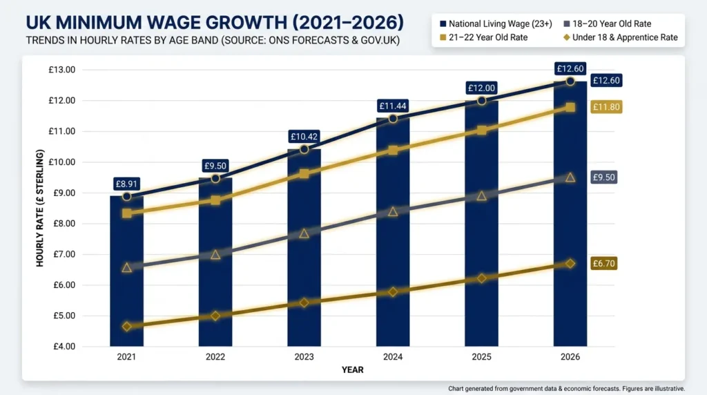 Line chart showing the rise in UK National Minimum Wage and National Living Wage rates from 2021 to 2026 across different age bands