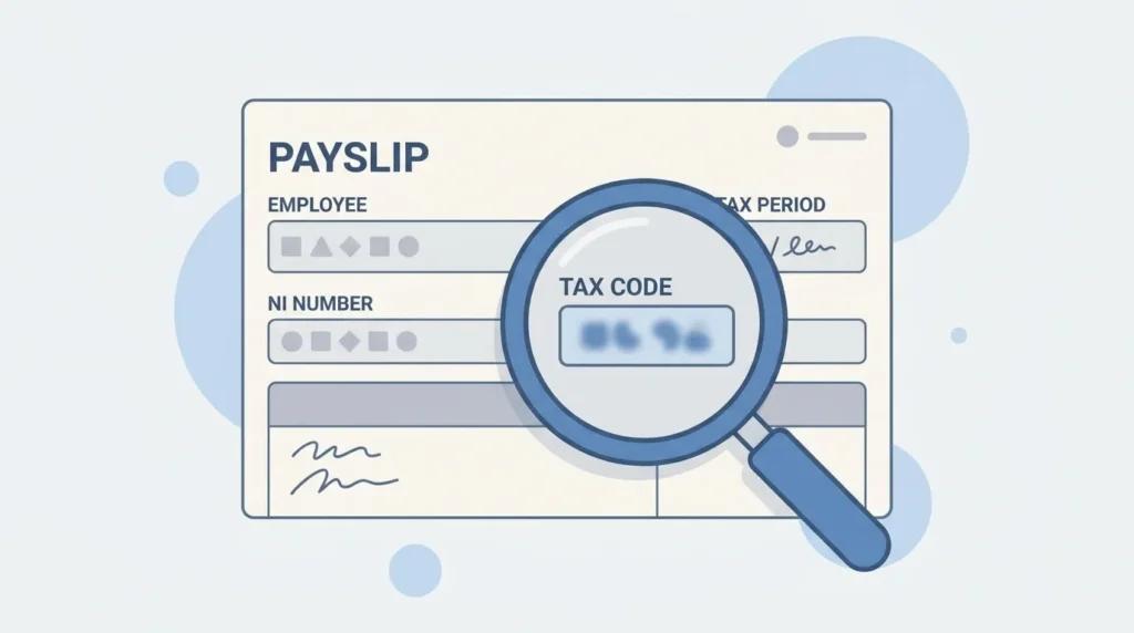 Illustration of a payslip with a magnifying glass highlighting the tax code