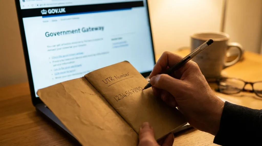 Person writing a UTR number in a notebook next to a laptop showing the HMRC Government Gateway login page
