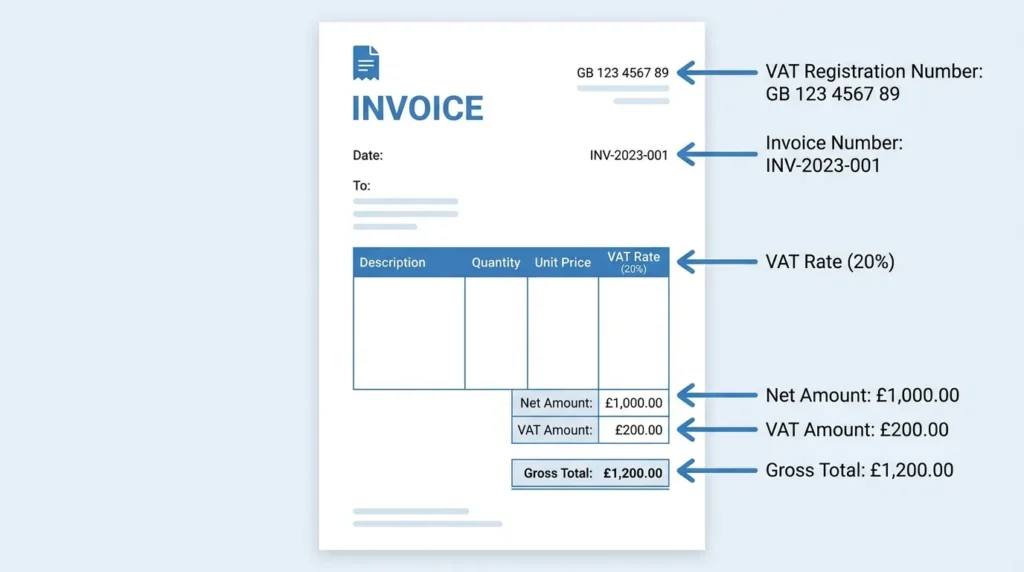 Annotated UK VAT invoice template showing required fields including VAT registration number, rate, and VAT amount