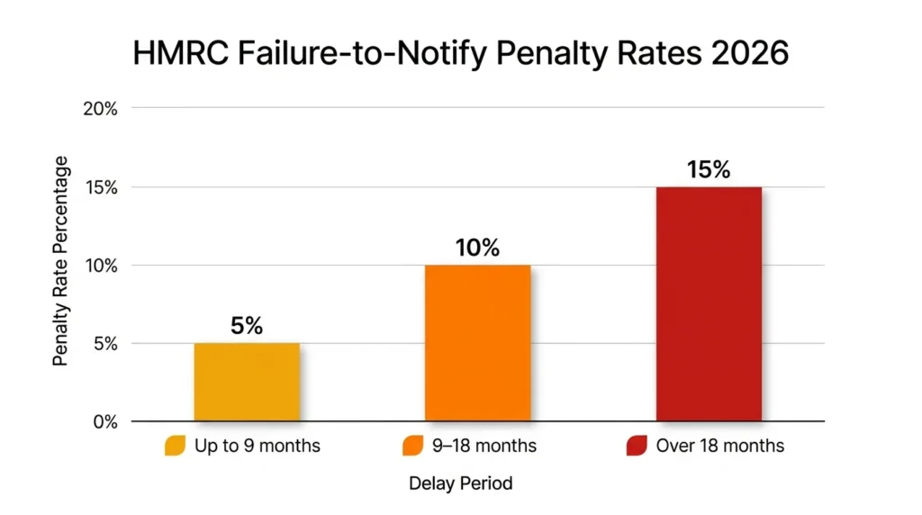 Bar chart showing UK VAT late registration penalty rates of 5%, 10% and 15% for 2026