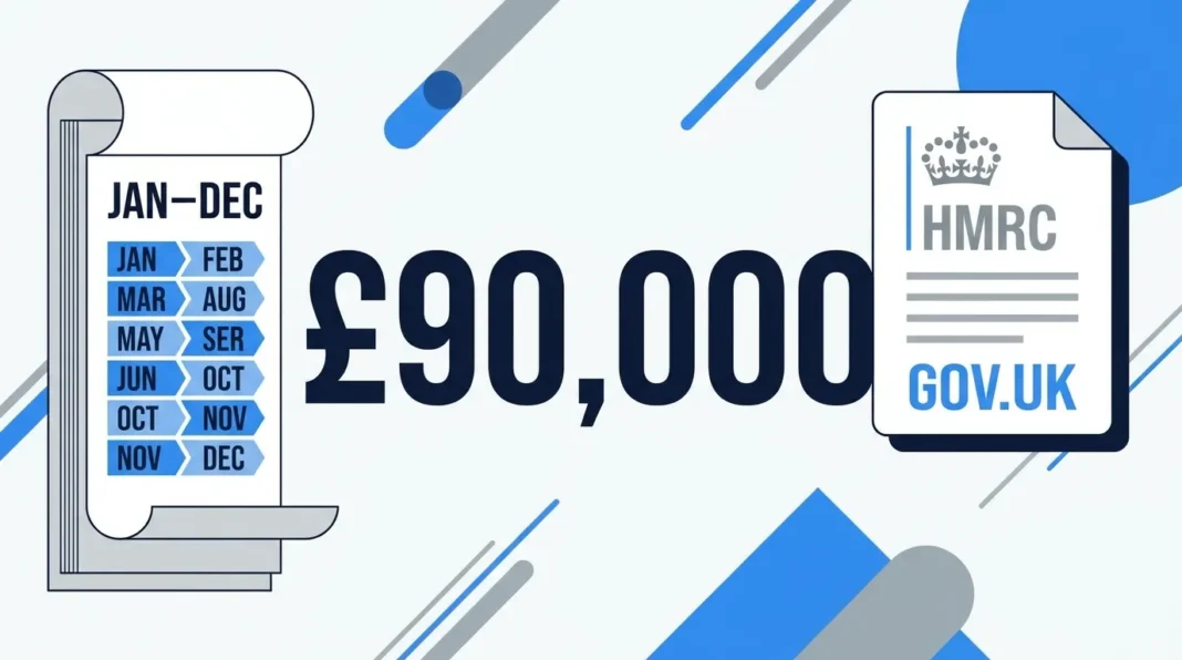 UK VAT registration threshold 2026 showing £90,000 limit with rolling 12-month rule illustration