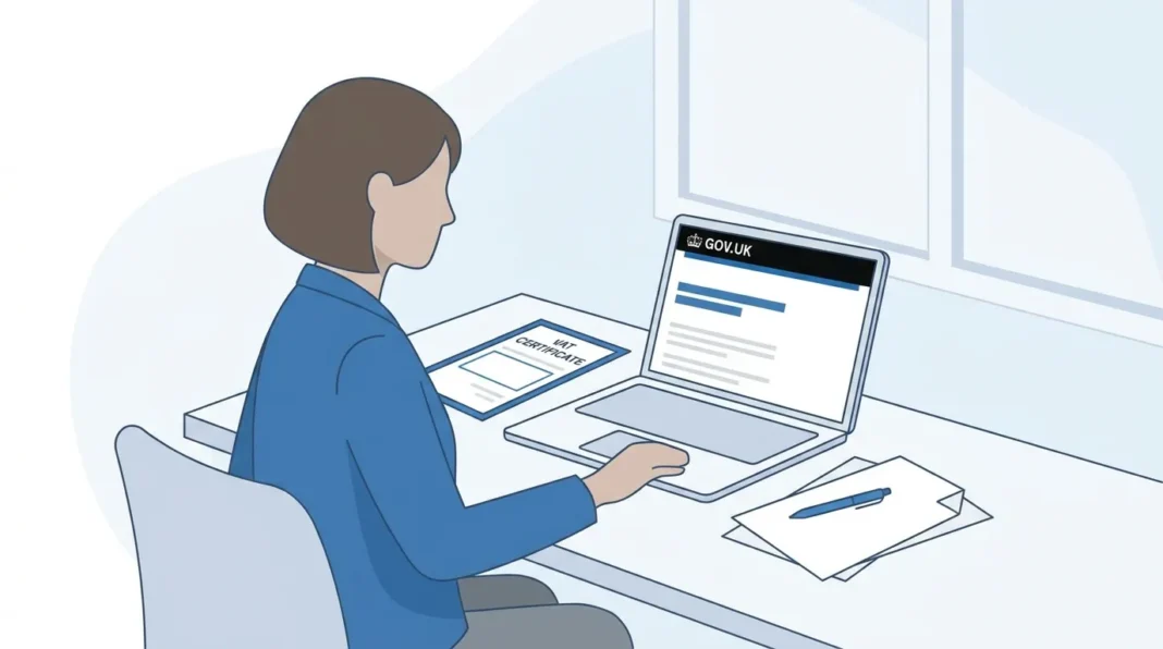 UK business owner completing VAT registration online through GOV.UK on a laptop at a clean desk