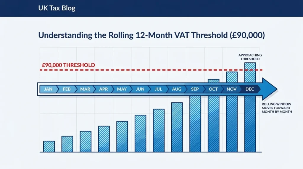 Diagram showing how HMRC’s rolling 12-month VAT threshold rule works in 2026