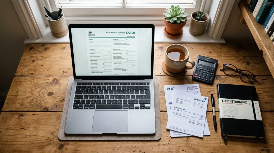 UK home office desk with laptop, calculator and household bills representing working from home tax relief claims