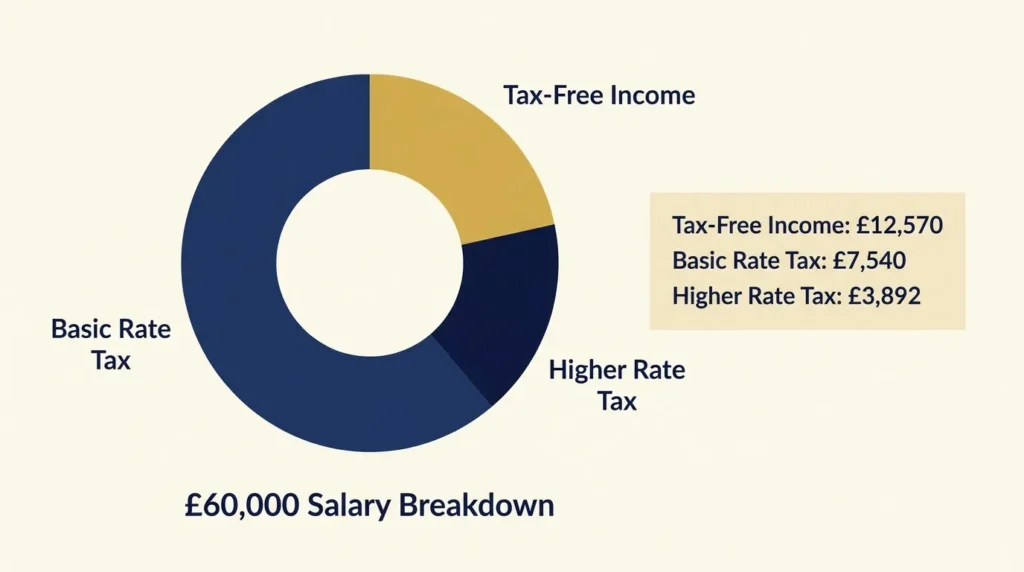 Chart showing the tax breakdown of a £60,000 salary in the UK for the 2025/26 tax year.