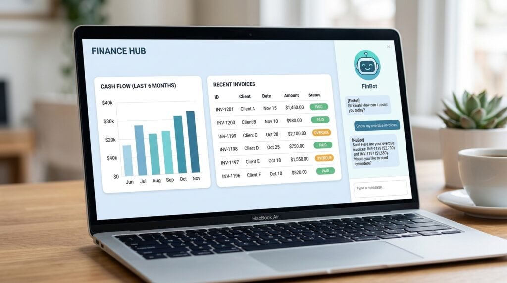 Mockup of an AI-powered accounting dashboard for UK small business bookkeeping