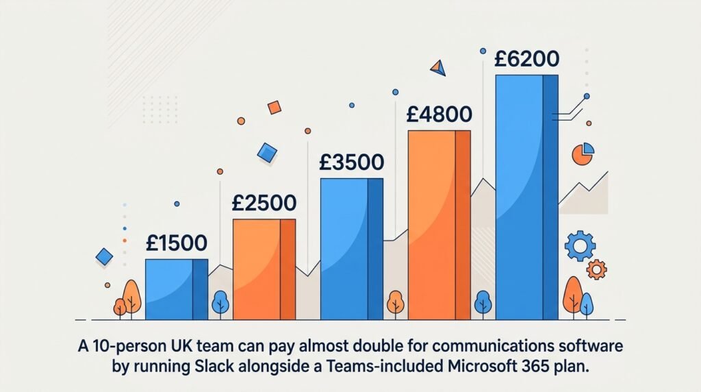 Bar chart comparing annual UK GBP cost of Slack and Microsoft Teams setups for a 10-user small business team