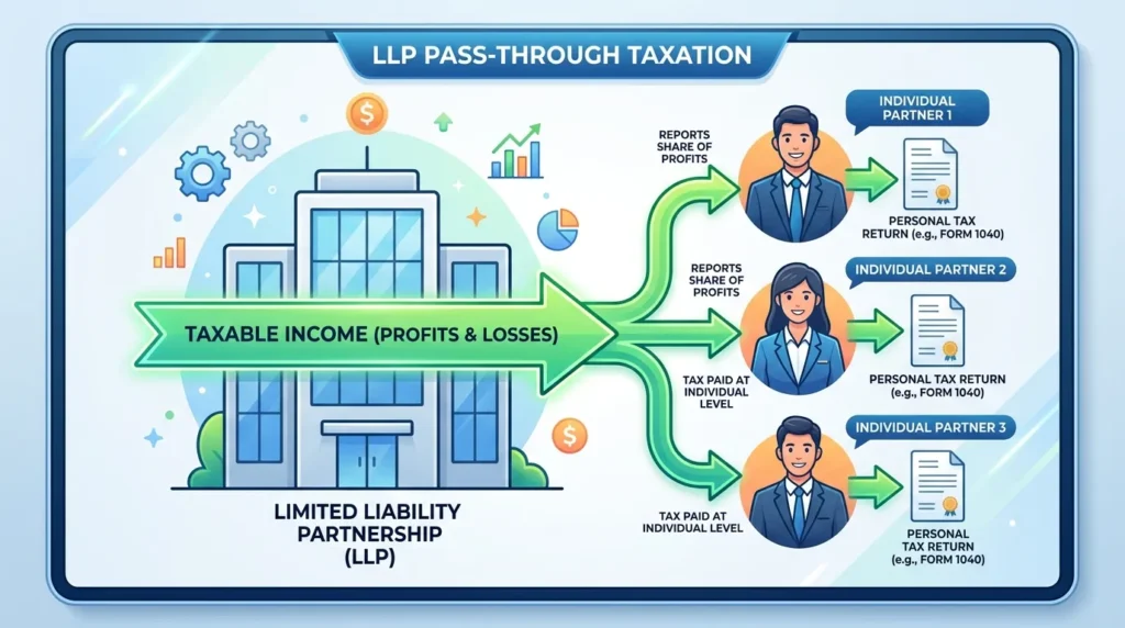 Diagram showing how UK LLP profits are taxed directly on individual members rather than the partnership itself.