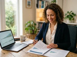 UK entrepreneur reviewing business plan and cash flow forecast before applying for a startup business loan